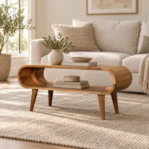 Amaya salontafel van mangohout in eikenlook in een woonkamer – AI-sfeerbeeld