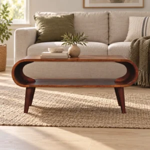 Amaya salontafel van mangohout in Nordic stijl in een woonkamer – AI-sfeerbeeld